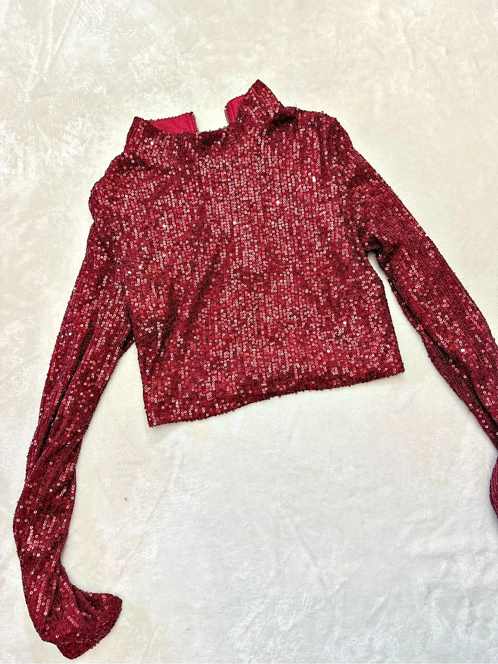 Lulus Dazzling Beauty Wine Red Sequin Long Sleeve Mock Neck Crop Top